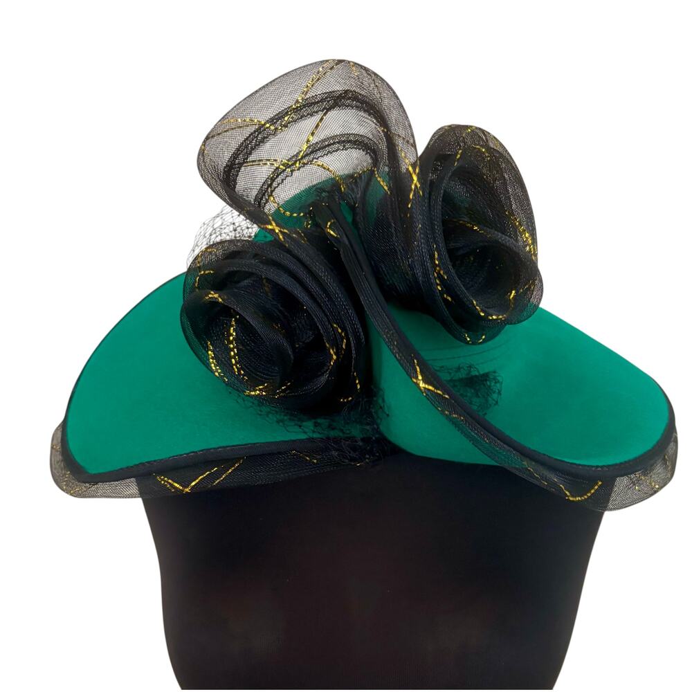 Sandra of New York Hunter Green Wool Black Tulle Gold Vintage Hat 17" W Brim NWT